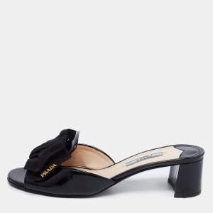 Pre Owned Prada Black Patent Leather and Fabric Bow Block Heel Slide Sandals Size 36.5