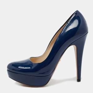 Prada Blue Patent Leather Round Toe Platform Pumps Size 36