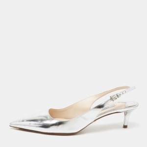 Pre Owned Prada Silver Leather Pointed Toe Slingback Pumps Size 38