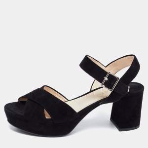 Pre Owned Prada Black Suede Criss Cross Ankle Strap Platform Sandals Size 37