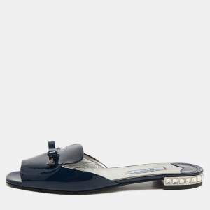 Pre Owned Prada Blue Patent Leather Crystal Embellished Bow Flat Slides Size 36.5