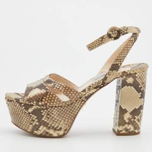 Prada Beige/Brown Python Block Heel Platform Ankle Strap Sandals Size 38.5