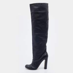 Pre Owned Prada Black Leather Studded Knee Length Boots Size 38