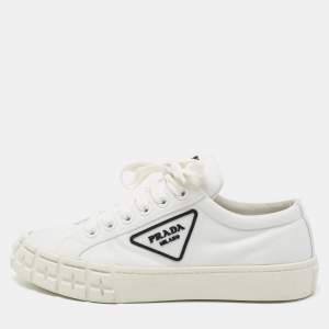 مملوكة مسبقًا Prada White Canvas Cassetta Lace Up Sneakers Size 38