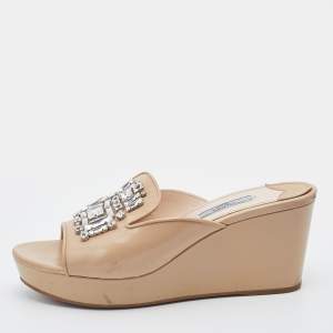 Prada Beige Saffiano Patent Leather Crystal Embellished Platform Wedge Sandals Size 39