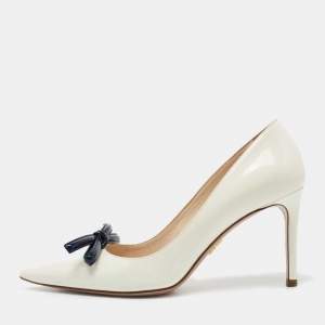 Pre Owned Prada Off-White/Navy Blue Patent Leather Bow Pointed Toe Pumps Size 37
