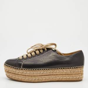 Prada Black Leather Platform Espadrille Lace Up Sneakers Size 38.5