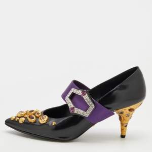 Prada Black/Purple Leather And Satin Jeweled Mary Jane Pointed Toe Pumps Size 39