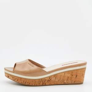 Prada Beige Leather Cork Platform Wedge Slide Sandals Size 40.5