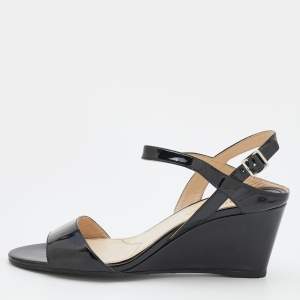 Prada Black Patent Leather Ankle Strap Wedge Sandals Size 39