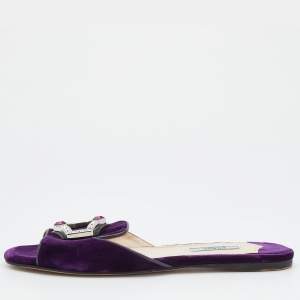 Prada Purple Velvet And Leather Crystal Embellished Flat Slide Sandals Size 39.5