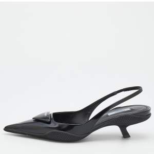 Pre Owned Prada Black Leather Triangle Logo Kitten Heel Slingback Sandals Size 39