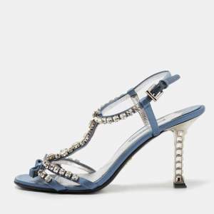 Pre Owned Prada Blue Satin Crystal Studded Ankle Strap Sandals Size 37