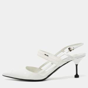 Pre Owned Prada White Leather and Rubber Pointed Toe Slingback Pumps Size 39