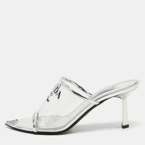 Pre Owned Prada Silver Leather and Logo Print PVC Plexiglas Slide Sandals Size 36.5