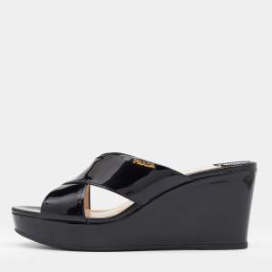 Pre Owned Prada Black Patent Leather Criss Cross Wedge Platform Slide Sandals Size 38.5