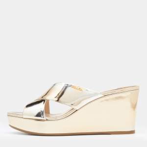 Prada Gold Patent Leather Criss Cross Wedge Platform Slide Sandals Size 38