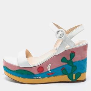 Prada Multicolor Leather Wedge Ankle Strap Sandals Size 38.5