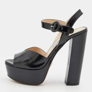 Prada Black Saffiano Patent Leather Platform Ankle Strap Sandals Size 36