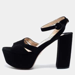 Pre Owned Prada Black Suede Ankle Strap Block Heel Platform Sandals Size 38
