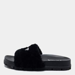Pre Owned Prada  Black Shearling Fur Slide Flats Size 40