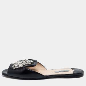 Pre Owned Prada Black Saffiano Patent Leather Crystal Embellished Flat Slide Size 40