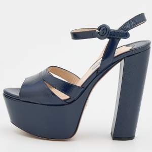 Prada Navy Blue Patent Leather Ankle Strap Platform Sandals Size 37.5