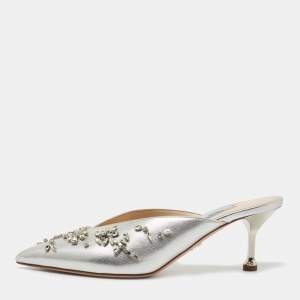 Pre Owned Prada Silver Leather Crystal Embellished Mules Size 38