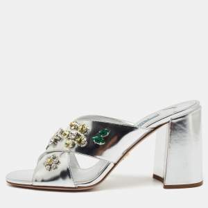 Pre Owned Prada Silver Patent Leather Crisscross Embellished Sandals Size 40