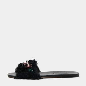 Prada Black Fur Crystal Embellished Flat Slides Size 40 