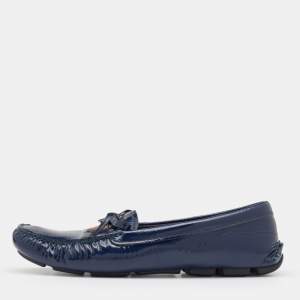 Pre Owned Prada Navy Blue Patent Leather Bow Slip On Loafers Size 38