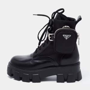 Pre Owned Prada Black Leather Monolith Boots Size 39