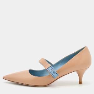 Prada Beige Leather Pointed Toe Mary Jane Bow Pumps Size 39.5