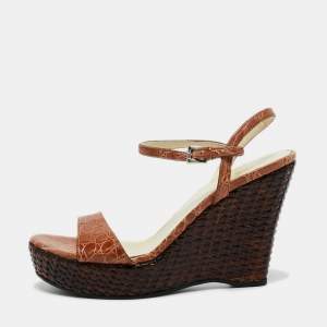Prada Brown Croc Embossed Leather Wedge Ankle Strap  Sandals Size 39