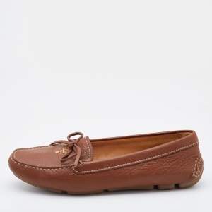 Prada Brown Leather Bow Slip On Loafers Size 36
