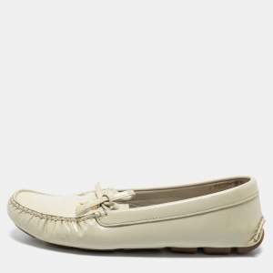 Pre Owned Prada Cream Saffiano Vernice Leather Bow Slip On Loafers Size 38