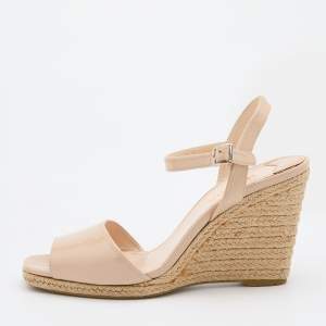 Prada Beige Patent Leather Espadrille Platform Wedge Ankle Strap Sandals Size 41