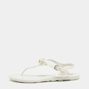 Pre Owned Prada White Patent Leather Logo Thong Flat Sandals Size 39
