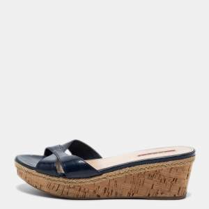 Prada Blue Patent Leather Wedge Sandals Size 39