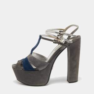 Prada Grey Suede and Leather Ankle Strap Platform Sandals Size 40