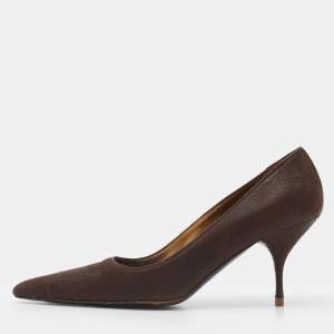 Prada Dark Brown Leather Embroidered Pointed Toe Pumps Size 39
