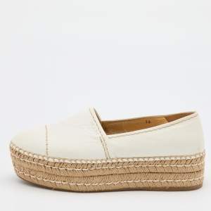 Prada Off White Leather Platform Espadrille Flats Size 38 