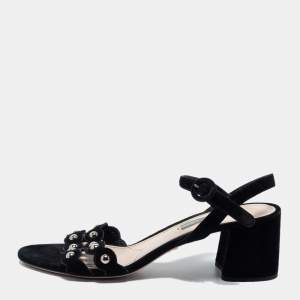 Prada Black Studded Suede Block Heel Ankle Strap Sandals Size 40