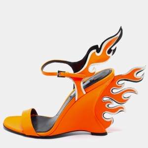 Pre Owned Prada Orange/White  Patent Leather Flame Ankle Strap Wedge Sandals Size 40
