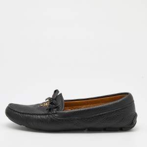 Prada Black Leather Logo Embellished Bow Slip On Loafers Size 37