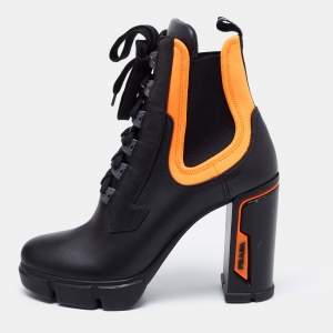 Prada Black/Orange Leather and Neoprene Neon Detail Lace up Ankle Boots Size 41
