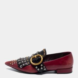 Prada Burgundy/Black Studded Leather Pointed Toe Ballet Flats Size 35