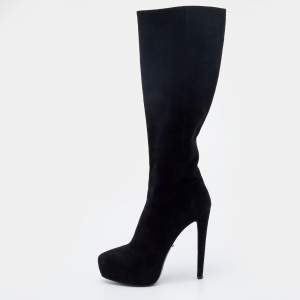 Prada Black Suede Platform Knee Length Boots Size 38