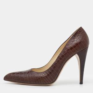 Prada Brown Croc Embossed Leather Pointed Toe Pumps Size 40