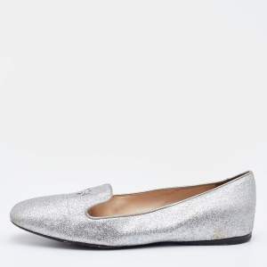 Pre Owned Prada Silver Glitter Smoking Slippers Size 38
